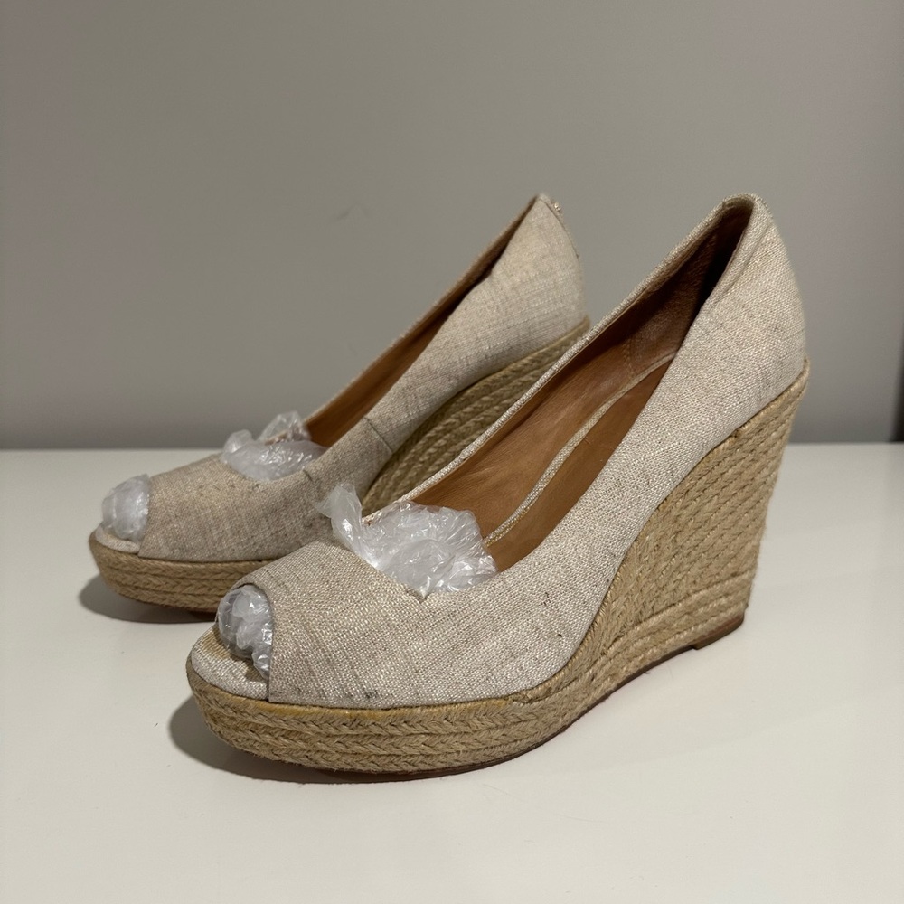 Coach Cream Peep-Toe Wedge Sandals with Textured Fabric